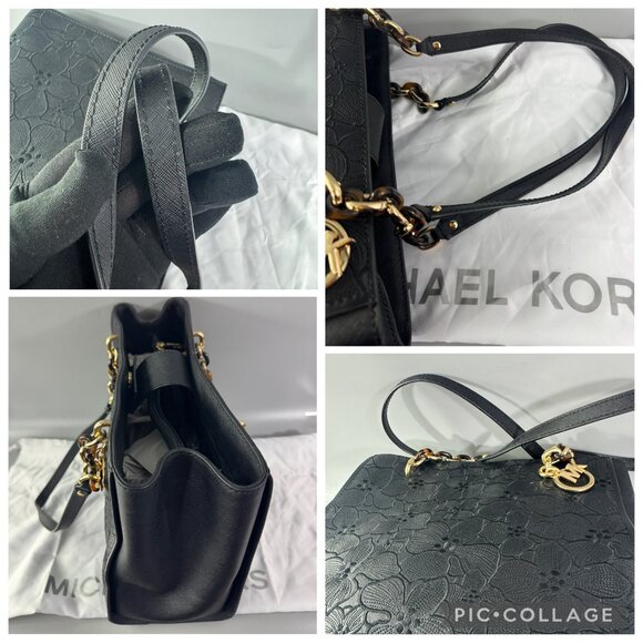 Authentic Michael Kors Black Saffiano Leather Floral Embossed Shoulder Bag - Picture 9 of 14